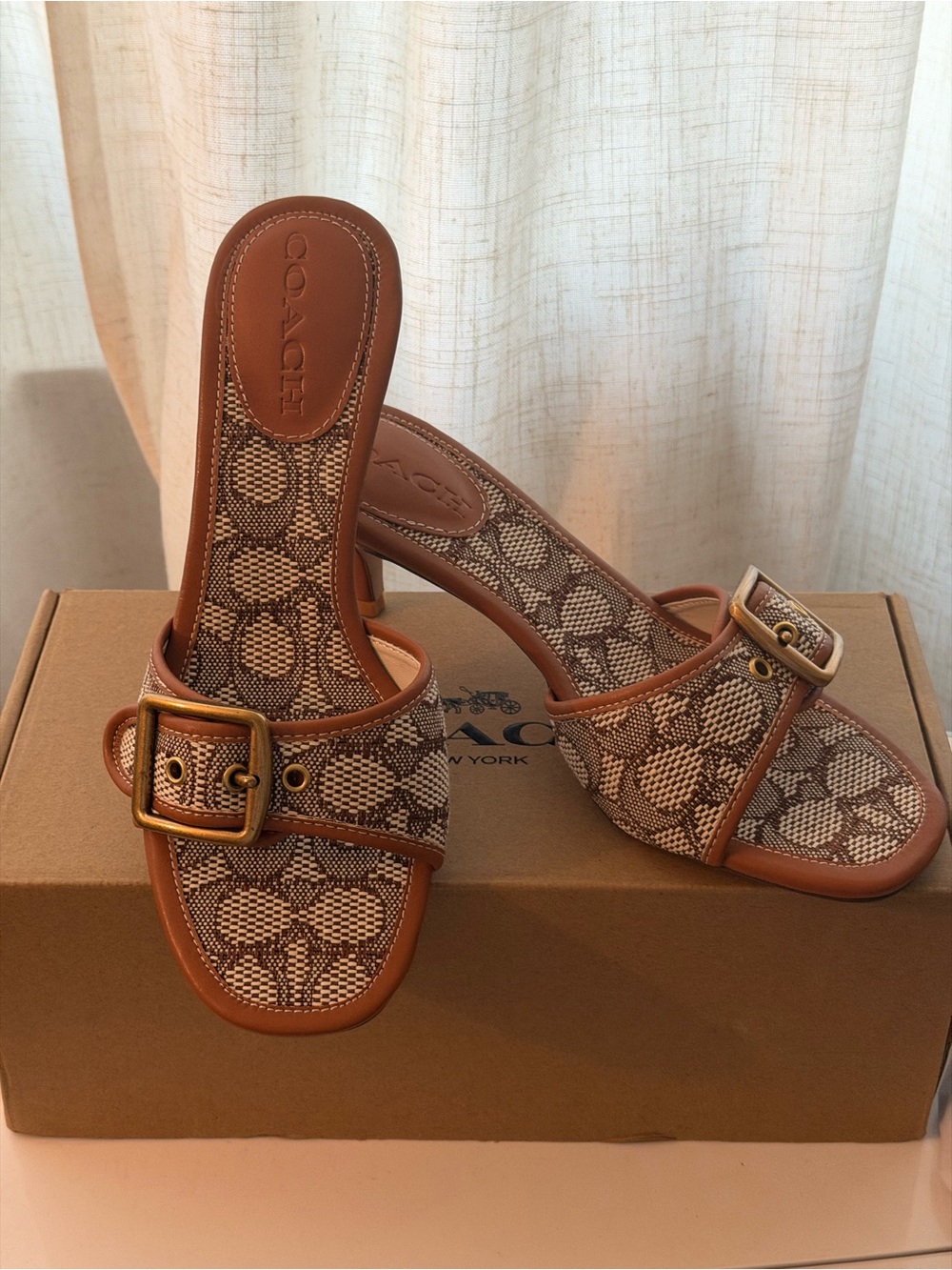 Coach Tan Signature Jacquard Buckle Slide Sandals